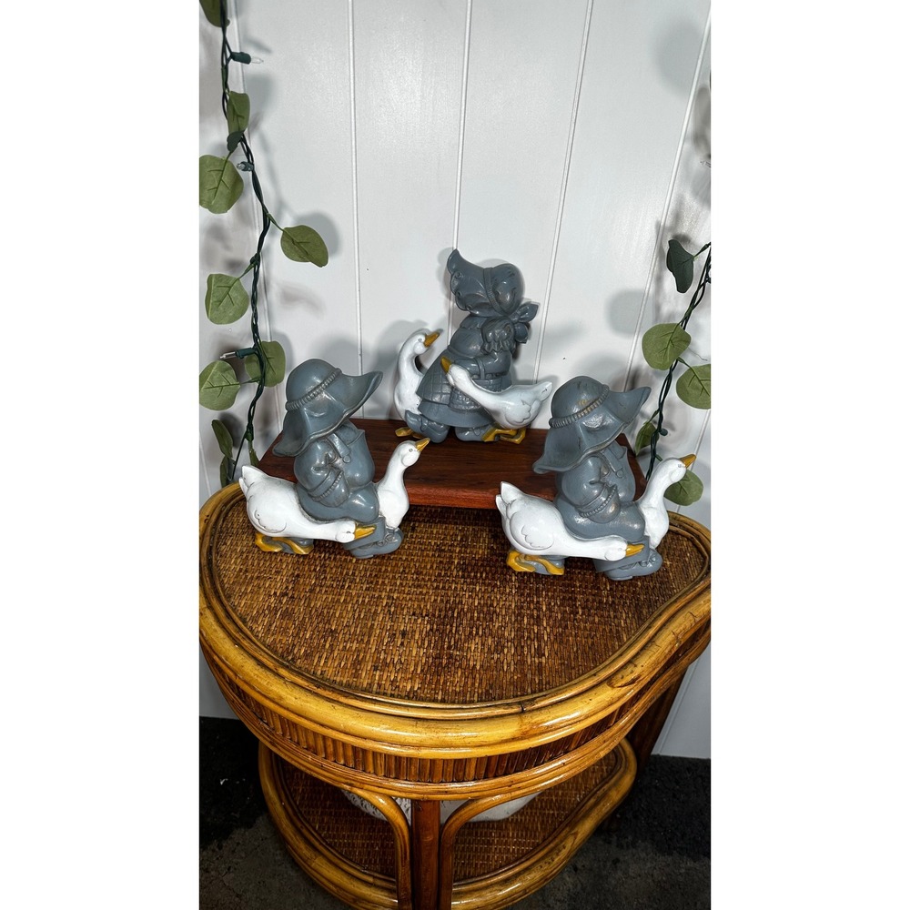 Vintage Country Farm Figurine Set Girl and Boys with Geese 3 Piece Set